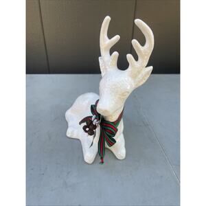 Vintage FLAMBRO White Ceramic Reindeer Holiday Decor With Scarf Christmas